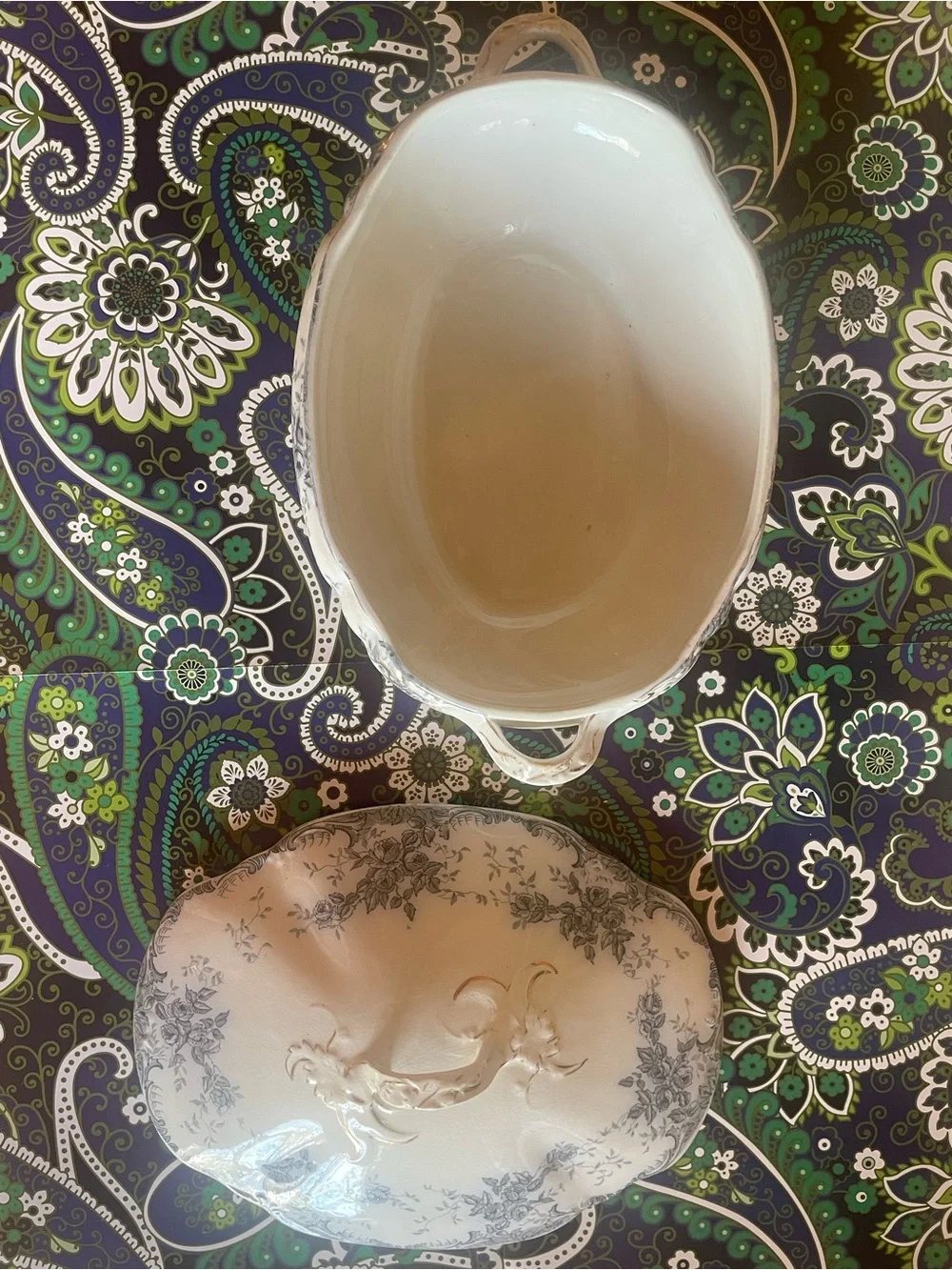 Vintage Floral Covered Serving Dish - Cream with Gray Floral Transferware